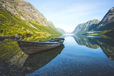 Nature Landscape Fjord Mountain Boat Reflection Grass Summer