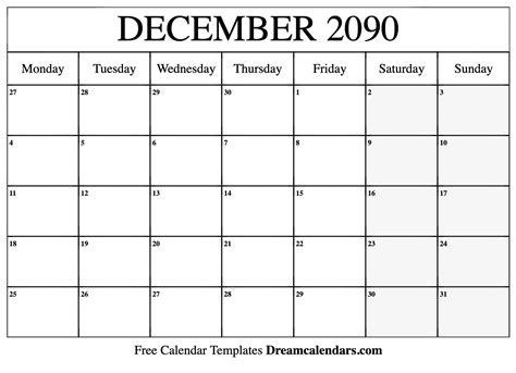 December 2090 Calendar Free Blank Printable With Holidays