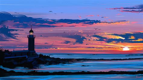 Wallpaper Colorful Sunset Sea Bay Shore Reflection Artwork