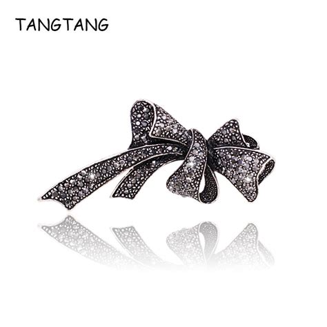 Black Color Rhinestone Bow Brooches For Women Large Bowknot Brooch Pin Vintage Fashion Jewelry