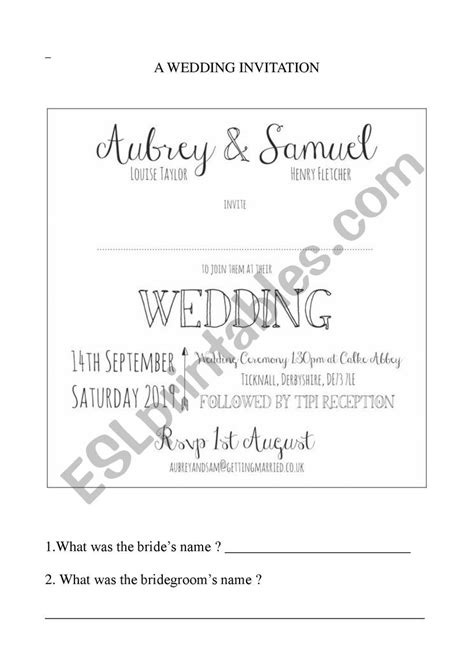 A Wedding Invitation Esl Worksheet By Frieda76