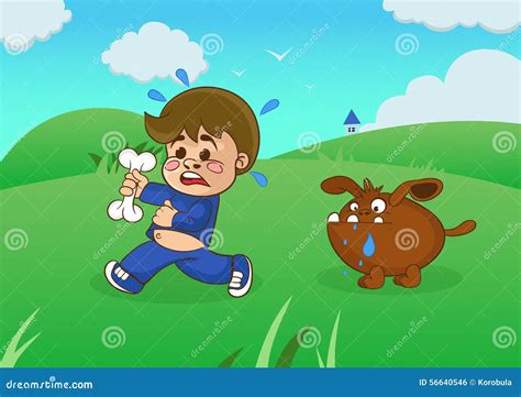Cartoon Boy Running Away From A Starving Dog Stock Vector Image