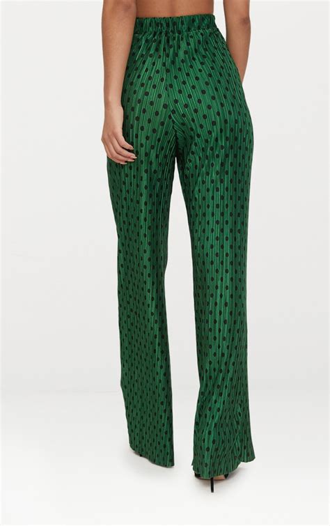 Green Polka Dot Plisse Wide Leg Trousers Prettylittlething