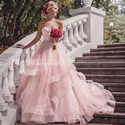 Popular Sweetheart Sleeveless Pink Organza Appliques Wedding Dresses