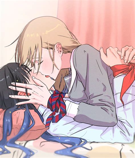 rule 34 2girls azusawa kohane blonde hair blue hair blush hug kissing lesbian making out