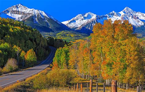 Wallpaper Road Autumn Trees Mountains Colorado Usa Telluride