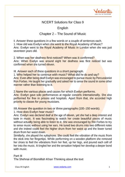 The Sound Of Music Ncert Solutions For Class 9 English Beehive Chapter 2 Pdf