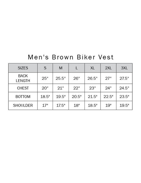 Male Brown Leather Vest Sizing Chart