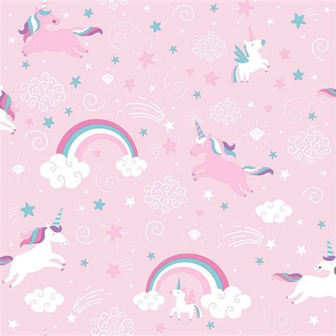 Pink Unicorn Wallpaper Girls Kids Girly Rainbow Fairytale Stars Clouds