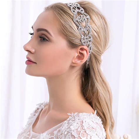 Crystal Bridal Headband Crystal Wedding Wide Hair Band Pearl Bridal Headbands With Ribbon Bride