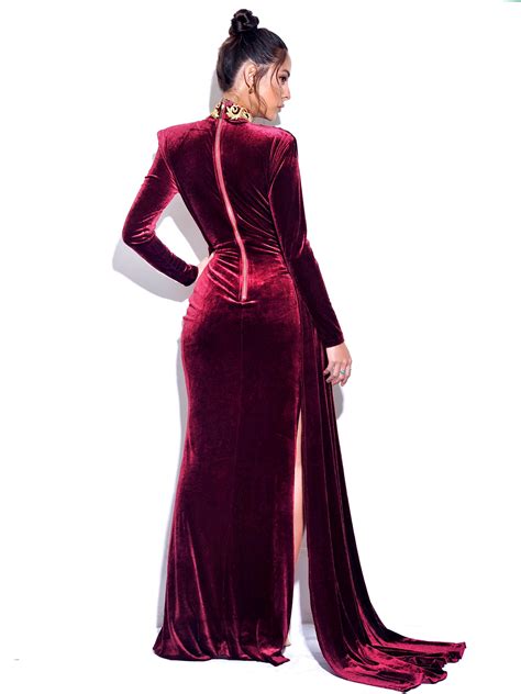 Zenaida Burgundy Cutout High Slit Velvet Gown Miss Circle
