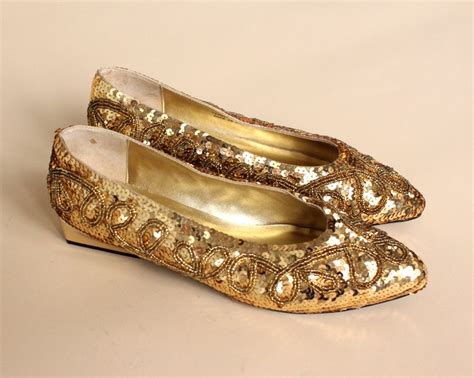 vintage 80s gold sequin shoes metallic shimmer flats etsy sequin shoes metallic gold