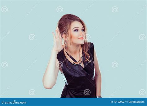Eavesdropping Closeup Portrait Happy Nosy Woman Hand To Ear Gesture