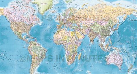 Digital Vector Political World Map With Relief Terrain For Land And