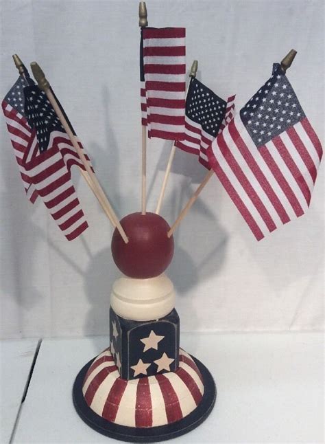 Wood Spindle American Usa Flag Holder With Flags Centerpiece Unbranded
