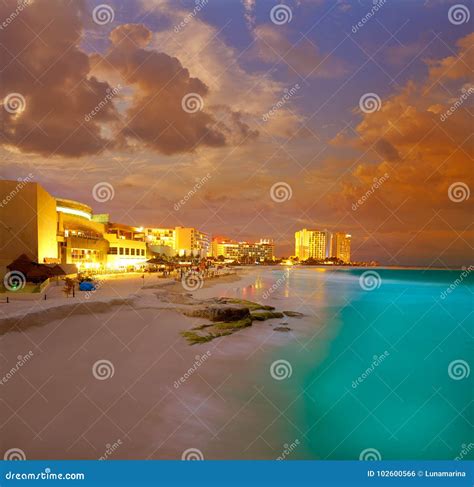 Cancun Forum Beach Sunset in Mexico Stock Photo - Image of gaviota