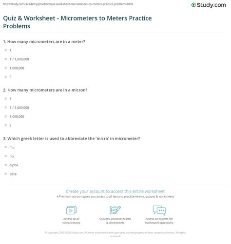Quiz And Worksheet Micrometers To Meters Practice Problems