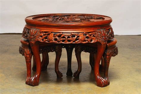 Round Chinese Carved Rosewood Tea Table With Nesting Stools For Sale At
