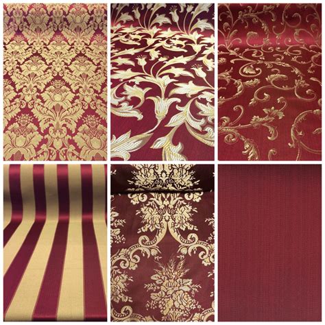 Jacquard Damask Print Fabric Burgundy Gold For Curtains And Decoration