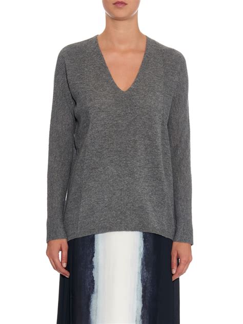 Vince V Neck Ribbed Knit Cashmere Sweater In Gray Lyst