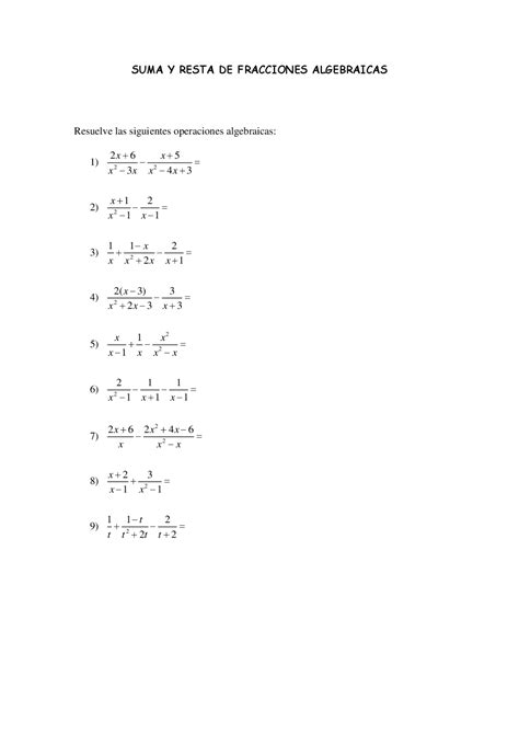 Suma Y Resta De Fracciones Algebraicas Ejercicios Grado Medio Docsity