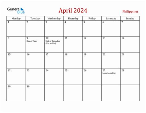 April 2024 Philippines Monthly Calendar With Holidays