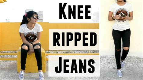 If you're patching denim around the knees, give the center of the fabric some slack so when you bend your leg, the fabric won't be pulled so taut that it will tear. DIY: Knee Ripped Jeans - YouTube