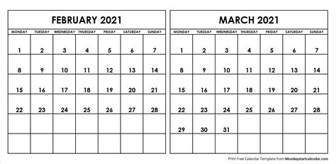 February And March 2021 Calendar Starting Monday Archives Monday