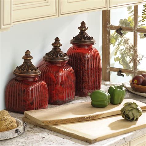 We offer rustic patterns like roosters and apples, fashionable glass containers, and colors ranging from red to black. Red Glass Canister, Set of 3 | Red kitchen decor, Red ...