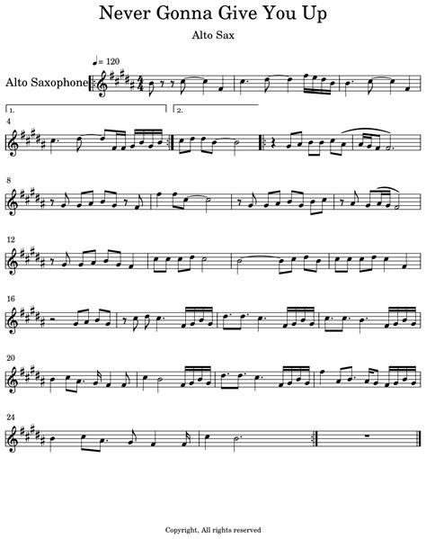 Never Gonna Give You Up Sheet Music For Alto Saxophone