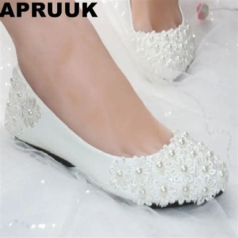 Buy Flat Heel Lace Flower White Wedding Shoes For