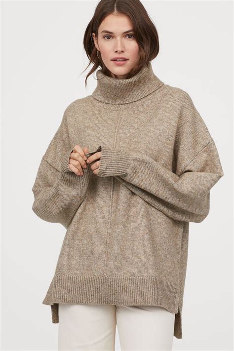 Knit Turtleneck Sweater Beige Melange Ladies Handm Us Turtle Neck