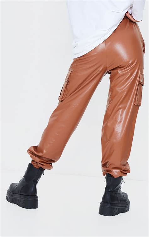 Tan Faux Leather Cargo Trousers Trousers Prettylittlething Usa