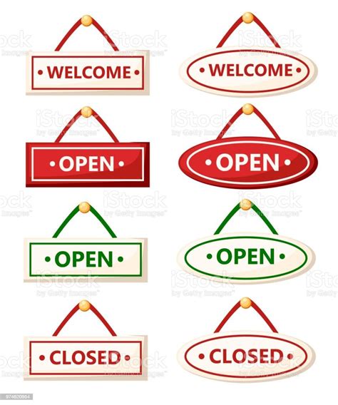 Set Of Various Signs Open And Closed Signs Cartoon Style Design Vector