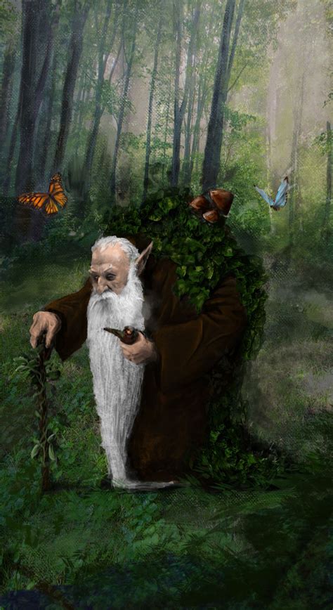 A Painting Of An Old Man With A White Beard Holding A Stick In The Woods