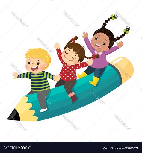 Kids Riding A Flying Pencil Royalty Free Vector Image
