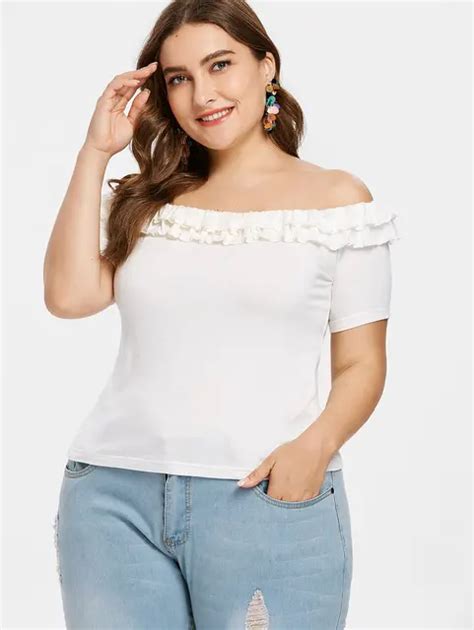 Gamiss Plus Size 4xl Off The Shoulder Women Ribbed Crop Tops With Ruffled Trimmings Slash Neck