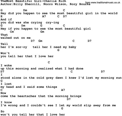 Country Musicthemost Beautiful Girl Charlie Rich Lyrics And Chords