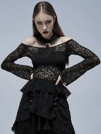 Punk Rave Black Gothic Off The Shoulder Sexy Perspective Lace Shirt For Women