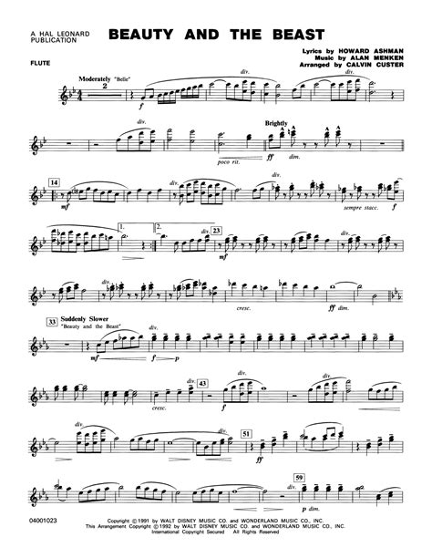 Calvin Custer Beauty And The Beast Medley Flute Sheet Music Notes
