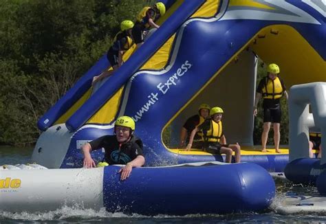 total wipeout themed aquapark with huge inflatables including climbing walls trampolines and