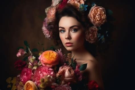 Premium Ai Image Attractive Brunette Girl With Big Beautiful Bouquet Of Flowers Beautiful