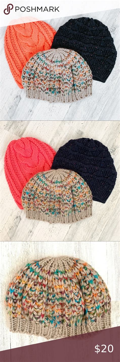 Beanie Hat Set Multicolor Coral And Navy Blue Set Of Three Beanies For Fall And Winter