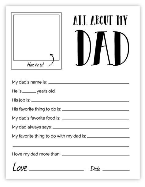 All About My Dad Fathers Day T Printable Fathers Day Printable