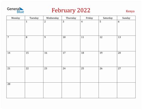 February 2022 Kenya Monthly Calendar With Holidays