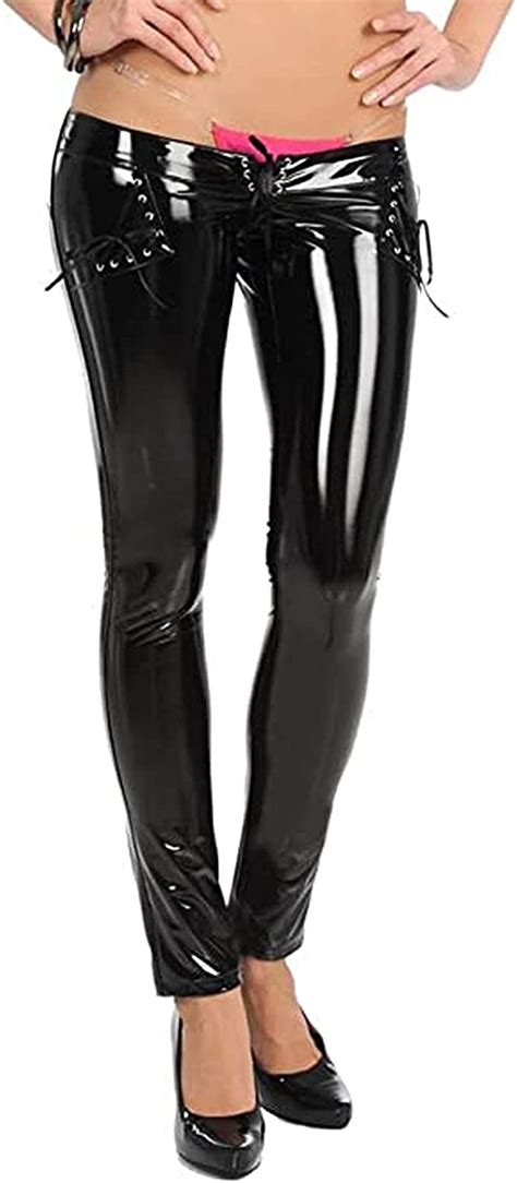 Leesuo Womens Faux Latex Pants Shiny Wetlook Pvc Leather Lace Up