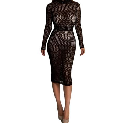 2016 Elegant Black Grid Dress Long Sleeved See Through Hollow Lace Slim Round Neck Sexy Dresses