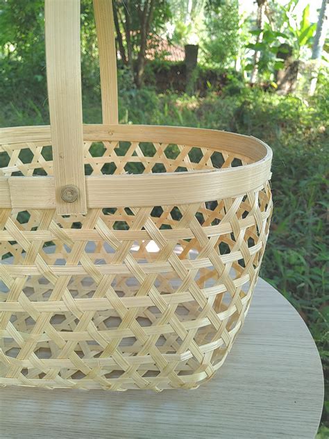 Medium Bamboo Woven Basket With Handle Breathable Vegetable Etsy