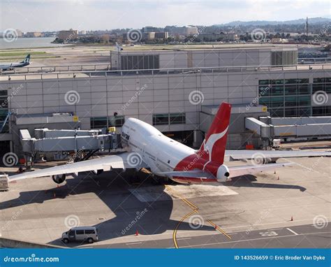 Qantas Airlines Large Plane Rest At Gate At Sfo Editorial Stock Image