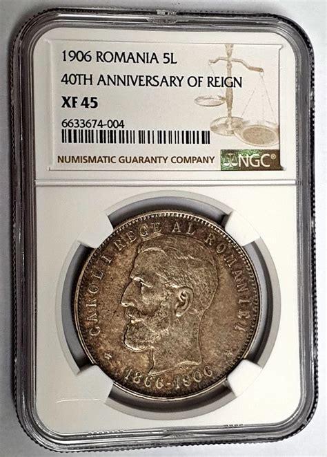 Moneda Rara 5 Lei 1906 Carol I Din Argint Gradata NGC XF 45